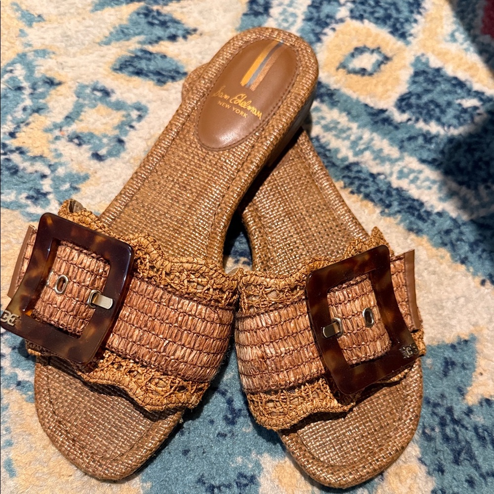 Sam Edelman Brown Raffia Slide Mules with Tortoiseshell Buckle